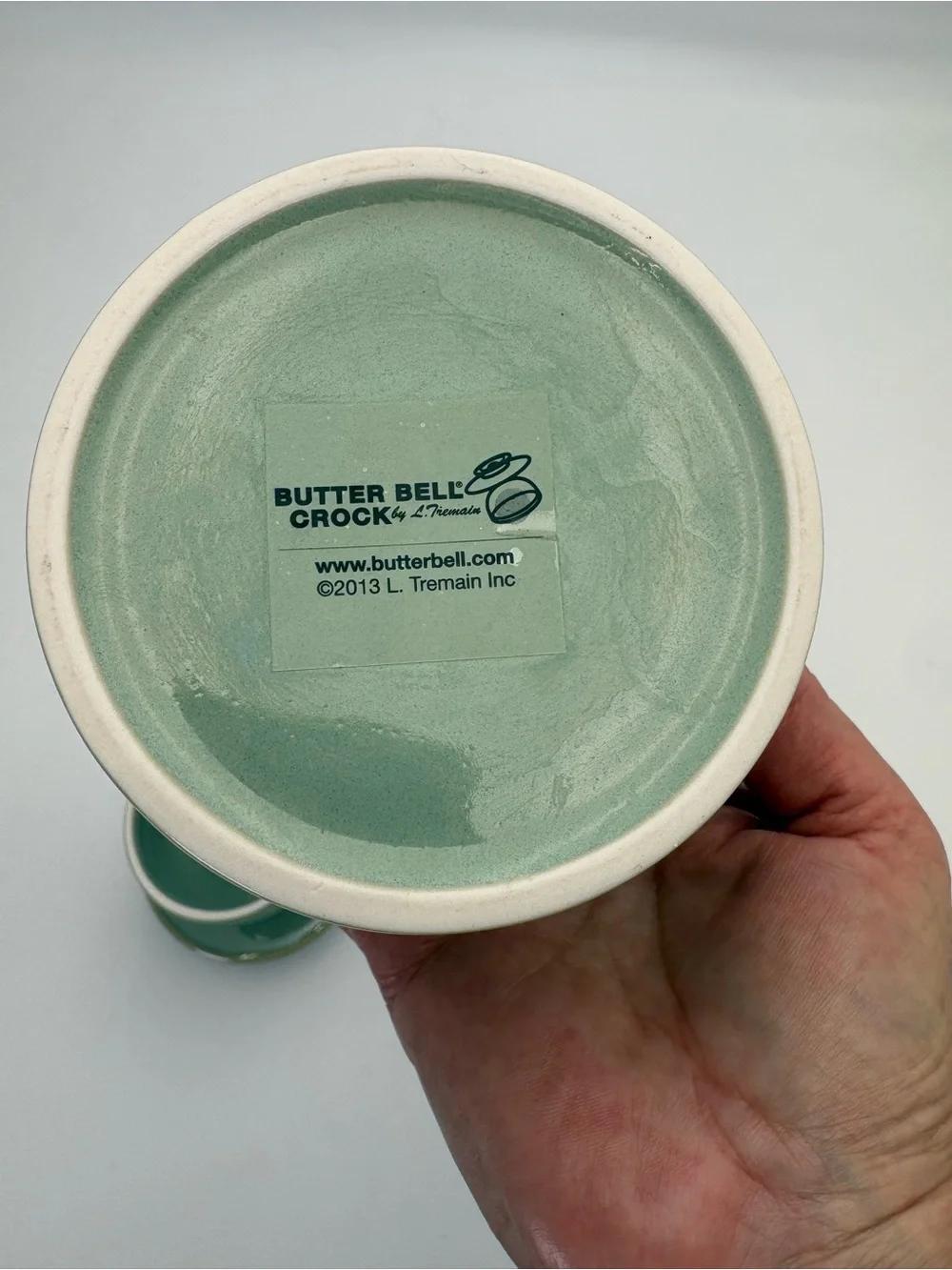 Green Ceramic Butter Bell Crock with Decorative Scroll Band